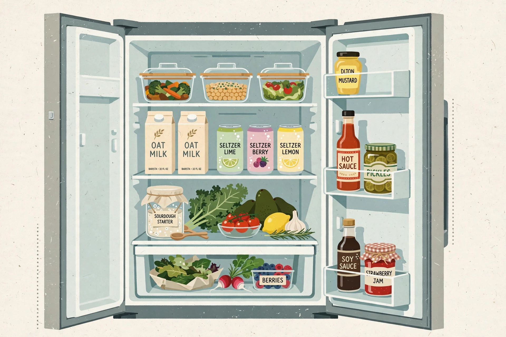 Illustration of a clean, modern refrigerator organized by zone