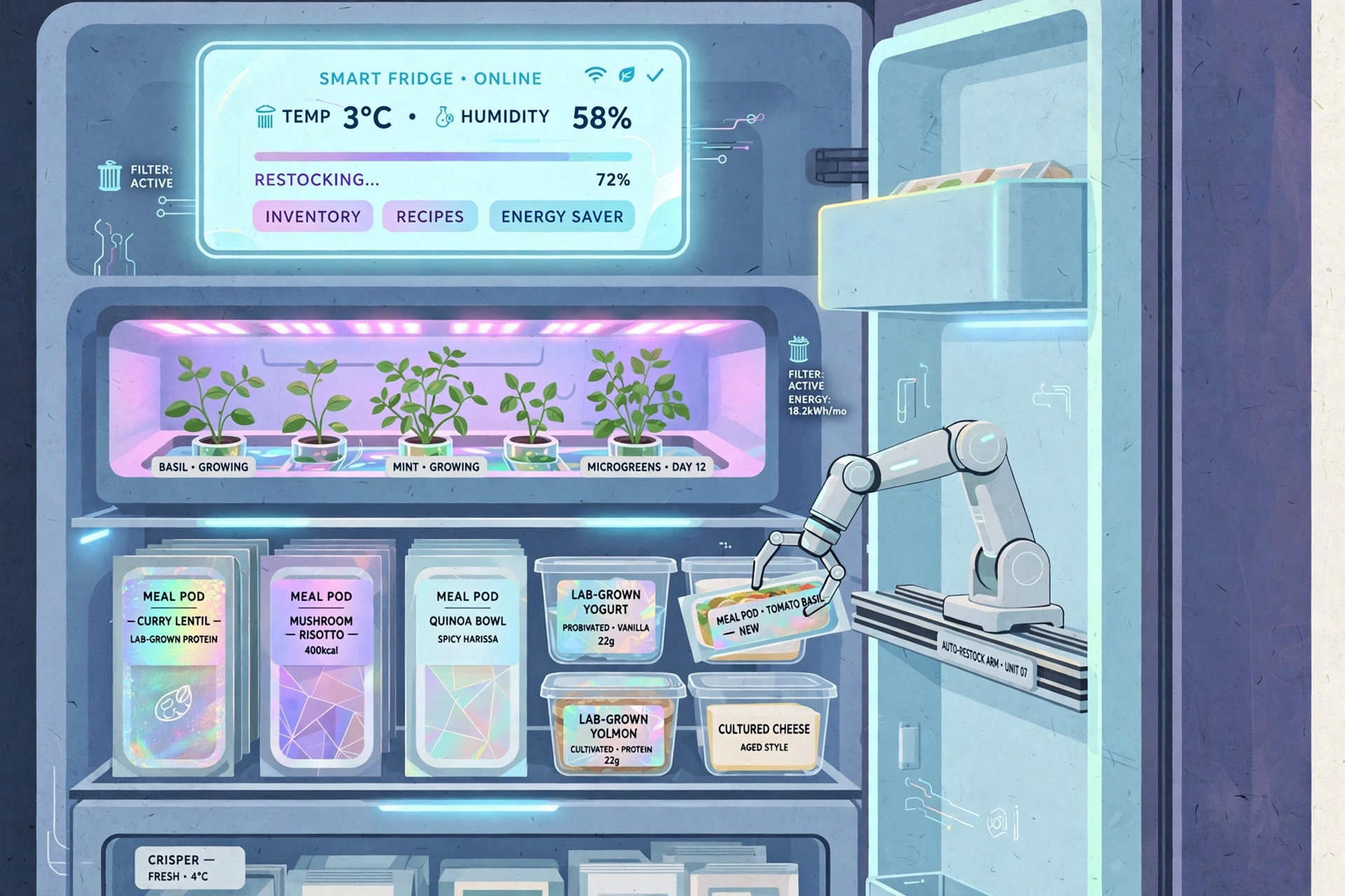 Illustration of a futuristic refrigerator with organized meal pods