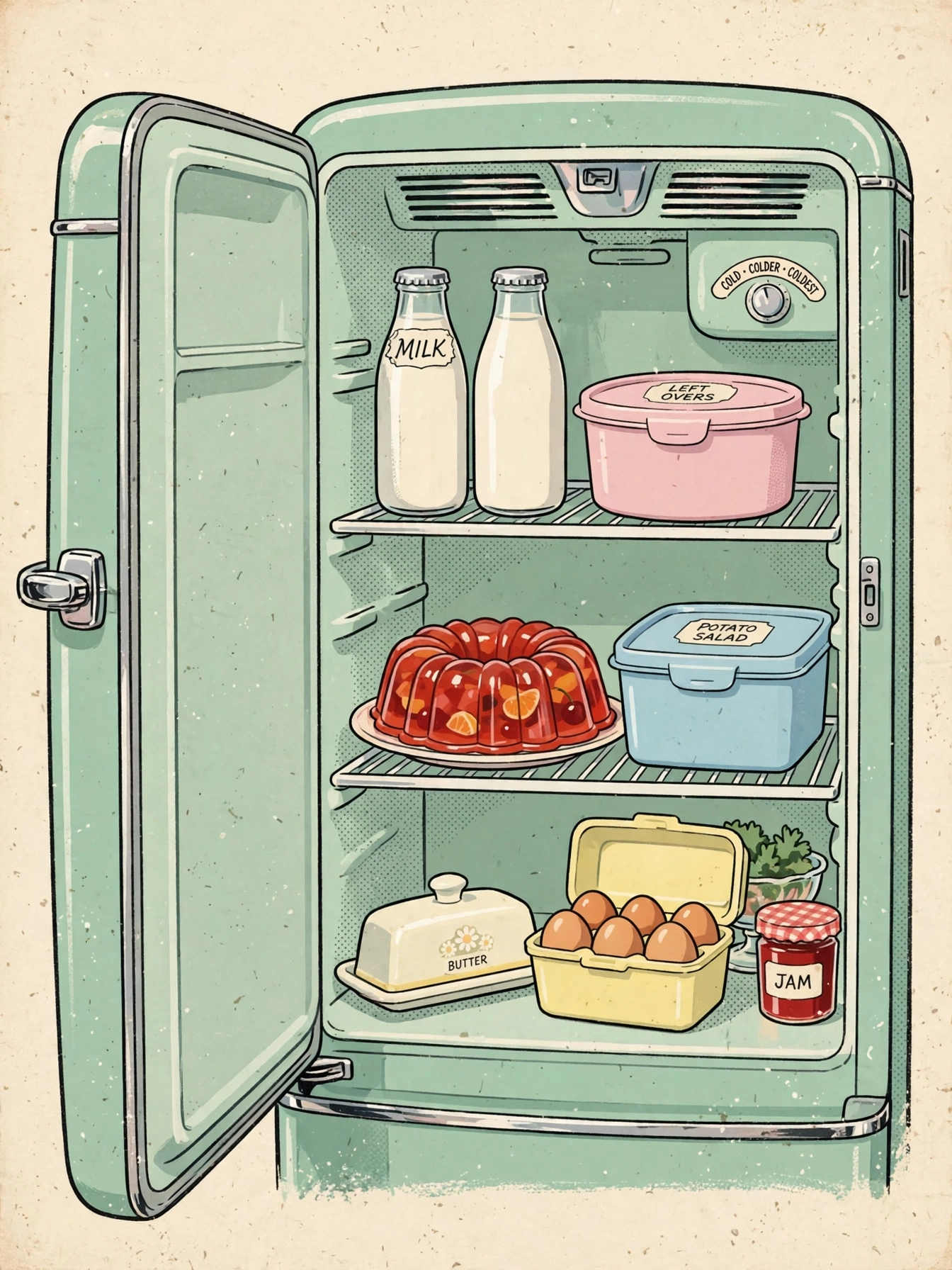 Illustration of a 1950s mint-green refrigerator, opened to show a tidy interior