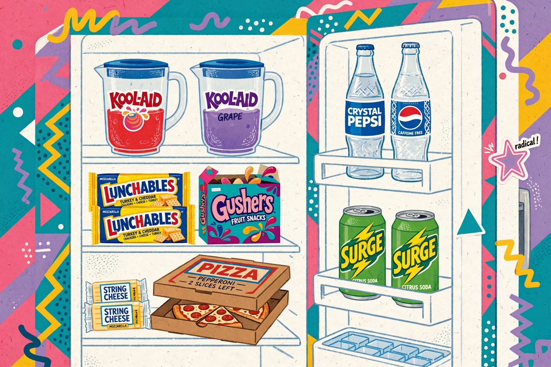 Illustration of a refrigerator filled with familiar snacks and drinks