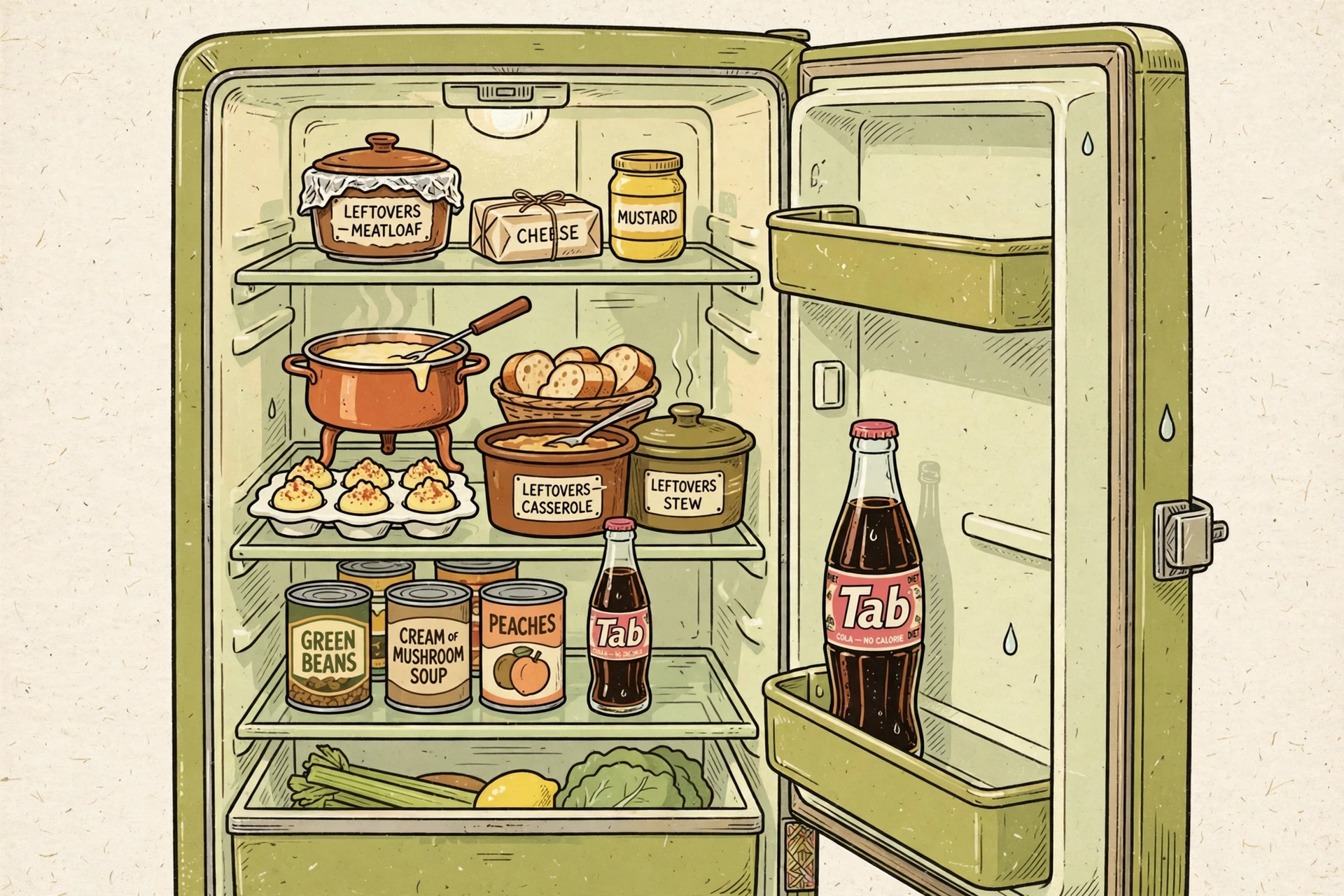 Illustration of a vintage refrigerator with leftovers and casserole containers