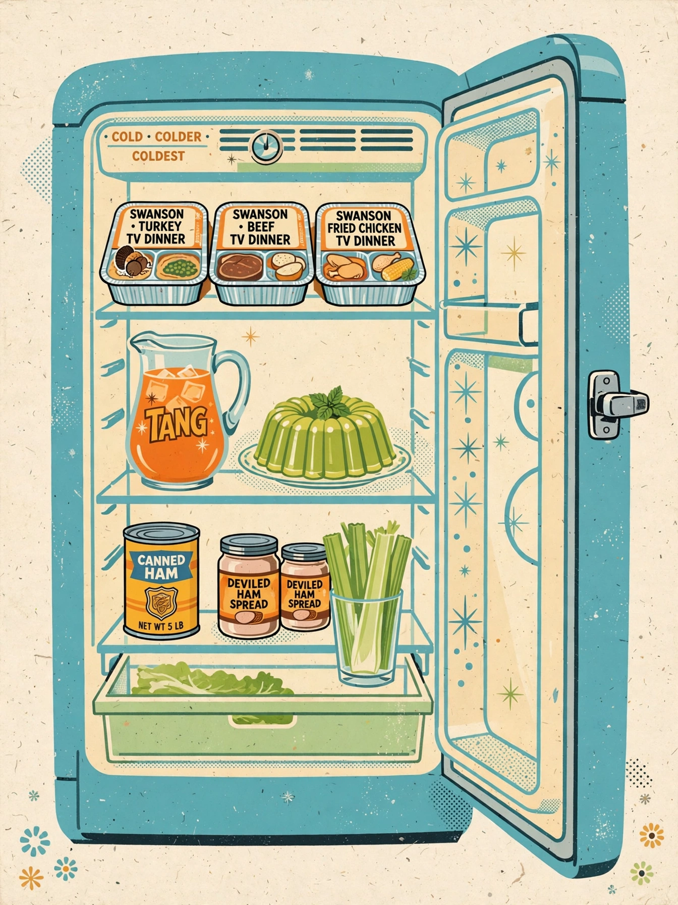 Illustration of a teal refrigerator with neatly arranged meals and drinks