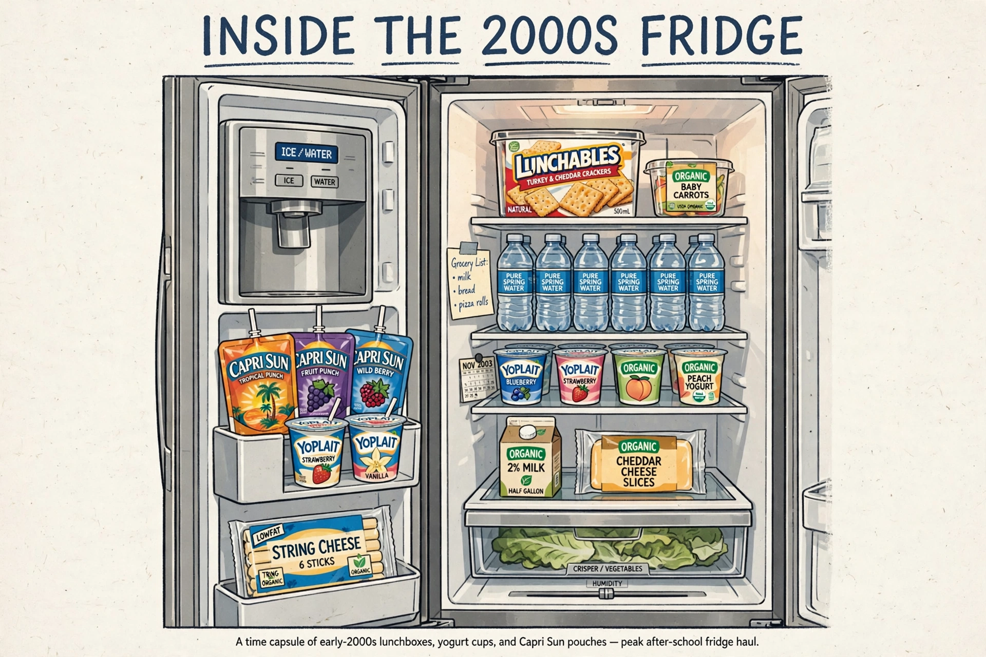 Illustration of an everyday household refrigerator with yogurt, juice and ready-to-eat food