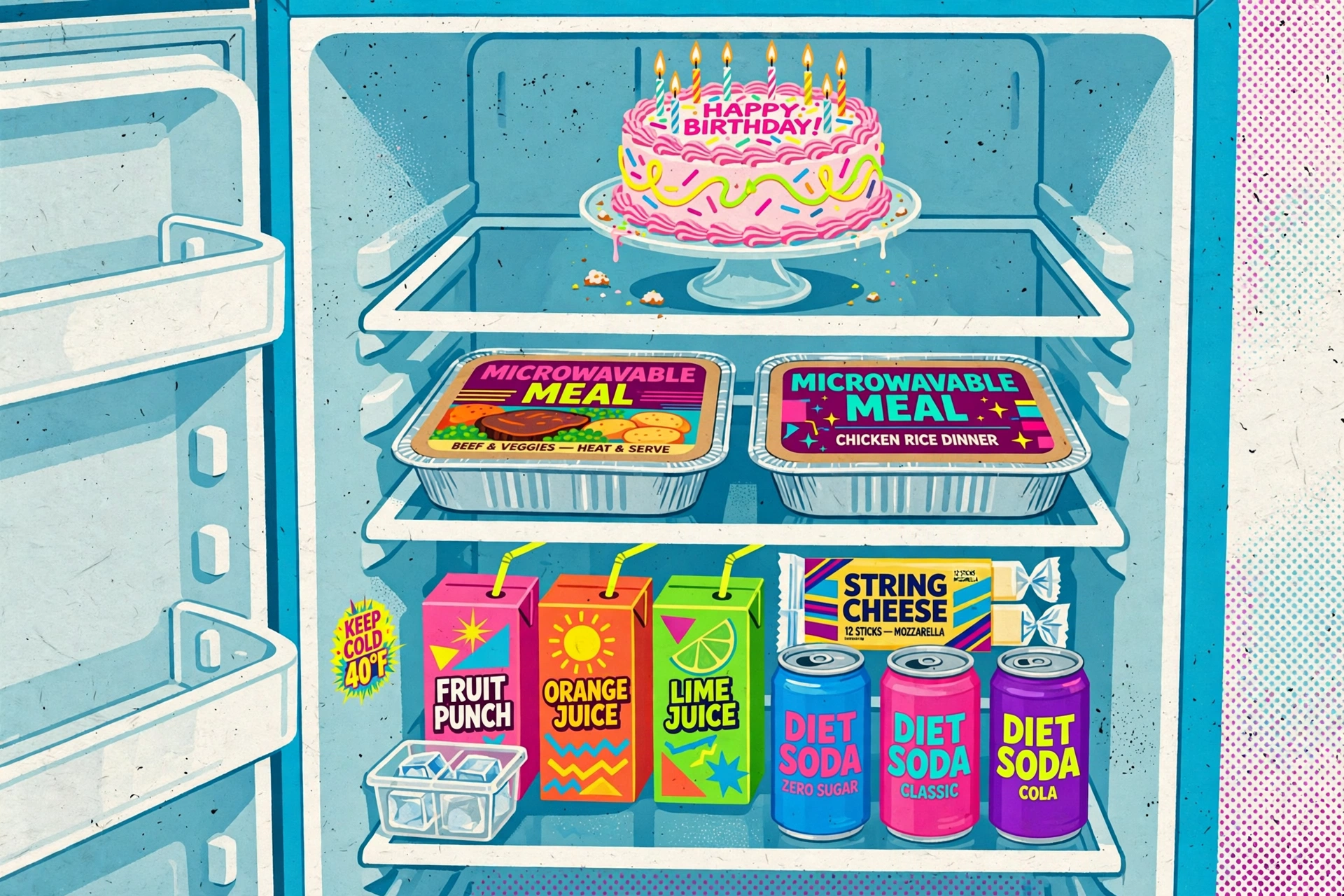 Illustration of a blue refrigerator with frozen meals and birthday cake