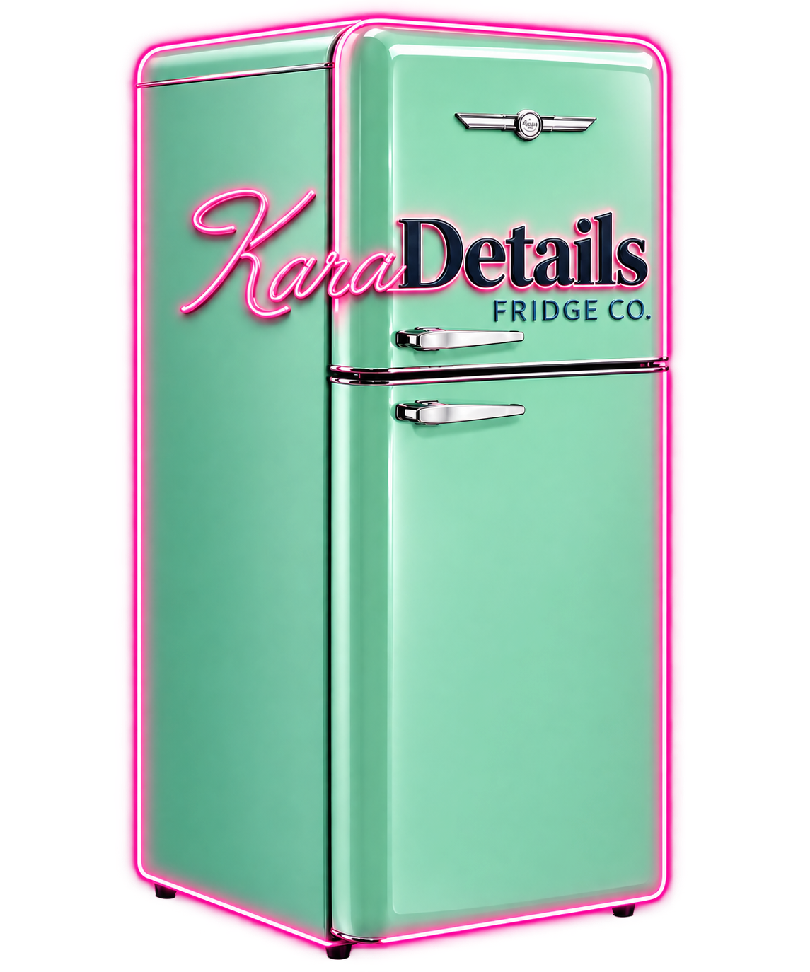 KaraDetails Fridge Co. logo — a mint-green retro refrigerator with a pink neon glow
